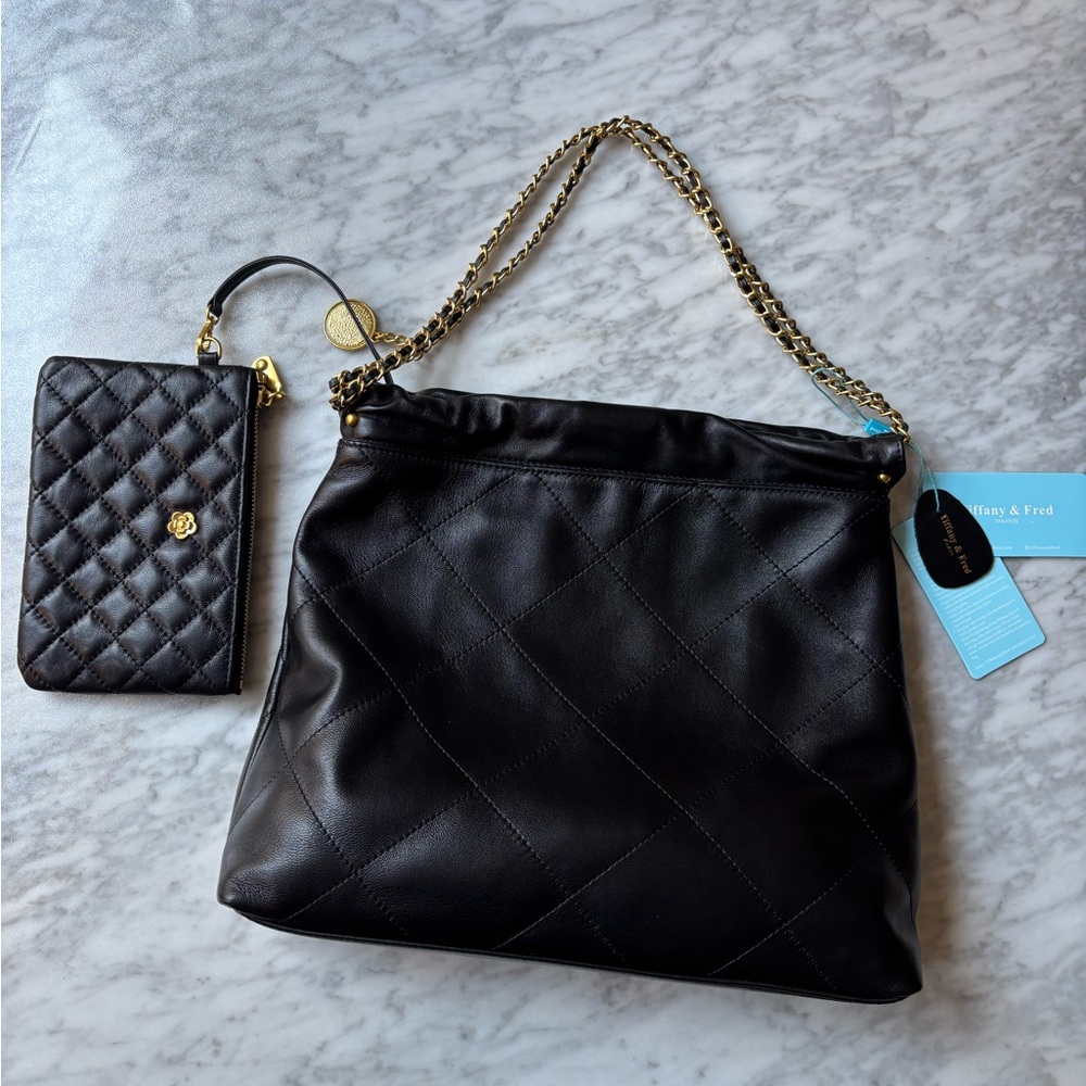 NWT Tiffany and Fred Paris black leather quilted tote